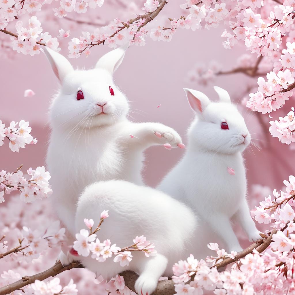  masterpiece, best quality, (masterpiece, best quality, high quality, high resolution, ultra-detailed), a sweet, cute, white rabbit, red eyes, (looking away:1.2), (beautiful natural background) ,(cherry blossoms), (falling petals)