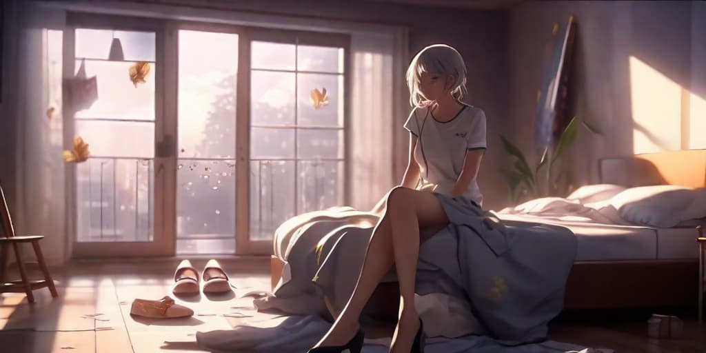  anime 4k. cinematic hd. Bedroom morning, made bed, silver high heels on the floor, scattered clothes, open window with daylight streaming in, smell of breakfast wafting in