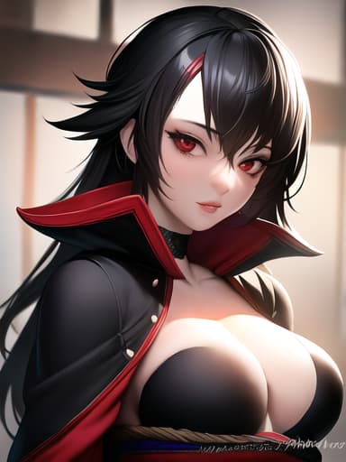  Black hair red eyes beautiful breasts, (Masterpiece, BestQuality:1.3), (ultra detailed:1.2), (hyperrealistic:1.3), (RAW photo:1.2),High detail RAW color photo, professional photograph, (Photorealistic:1.4), (realistic:1.4), ,professional lighting, (japanese), beautiful face, (realistic face)