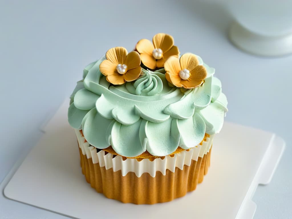  A closeup, ultradetailed image of a perfectly frosted cupcake, delicately decorated with intricate sugar flowers and shimmering edible gold leaf accents, set against a simple, elegant white background. hyperrealistic, full body, detailed clothing, highly detailed, cinematic lighting, stunningly beautiful, intricate, sharp focus, f/1. 8, 85mm, (centered image composition), (professionally color graded), ((bright soft diffused light)), volumetric fog, trending on instagram, trending on tumblr, HDR 4K, 8K