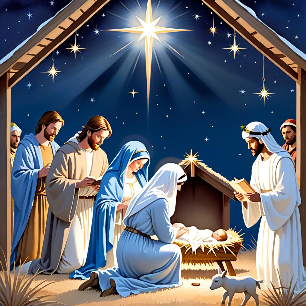  Generate a watercolor ilration by Greg Rutkowski of the Nativity scene, using soft blues, whites, and warm golds. Convey tranquility with harmonious colors for Mary, Joseph, and  Jesus's clothing, and a rustic stable ed in a celestial glow. Include gentle animals and sparkling stars to enhance the sacred and peaceful atmosphere hyperrealistic, full body, detailed clothing, highly detailed, cinematic lighting, stunningly beautiful, intricate, sharp focus, f/1. 8, 85mm, (centered image composition), (professionally color graded), ((bright soft diffused light)), volumetric fog, trending on instagram, trending on tumblr, HDR 4K, 8K