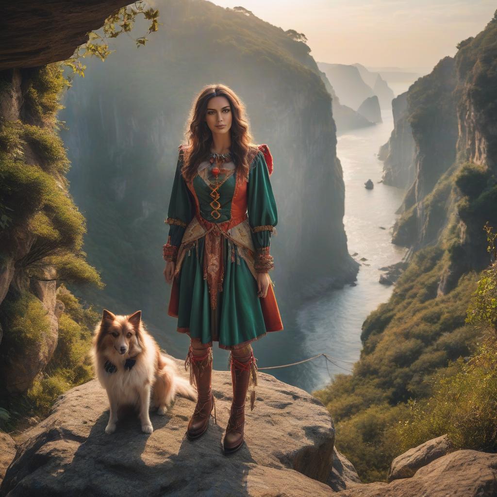  The Fool card of the Tarot. A girl dressed as a jester is standing at the edge of a cliff. The girl is looking at the camera. In front of her, suspended over the abyss, are three rope bridges leading in different directions. She has a backpack with her. Next to the girl is a small dog. The sun is shining. hyperrealistic, full body, detailed clothing, highly detailed, cinematic lighting, stunningly beautiful, intricate, sharp focus, f/1. 8, 85mm, (centered image composition), (professionally color graded), ((bright soft diffused light)), volumetric fog, trending on instagram, trending on tumblr, HDR 4K, 8K