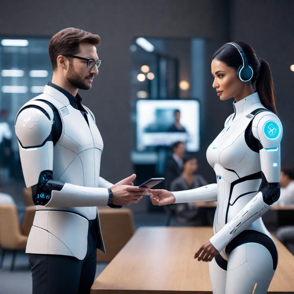  An AI assistant interacting with a user and providing assistance. The AI assistant is engaged in a conversation with the user and offering to help with various tasks like translating text, solving math problems, answering questions, and more. hyperrealistic, full body, detailed clothing, highly detailed, cinematic lighting, stunningly beautiful, intricate, sharp focus, f/1. 8, 85mm, (centered image composition), (professionally color graded), ((bright soft diffused light)), volumetric fog, trending on instagram, trending on tumblr, HDR 4K, 8K