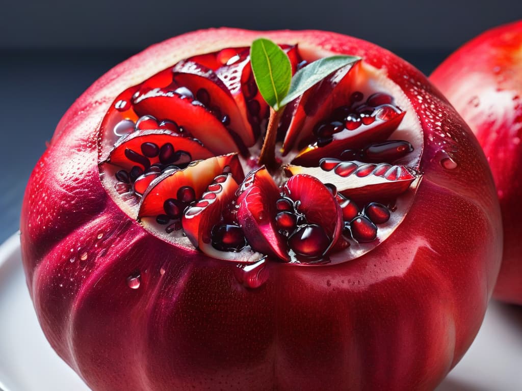  A closeup, ultradetailed image of a vibrant, ripe pomegranate split open to reveal its glistening rubyred arils, with droplets of juice delicately dripping from the seeds. The intricate patterns and jewellike appearance of the arils are highlighted, showcasing the luscious and nutritious nature of this versatile fruit. The image is captured with such clarity that each tiny seed and the intricate membranes surrounding them are vividly visible, creating a visually striking and mouthwatering display of the star ingredient for innovative pomegranate desserts. hyperrealistic, full body, detailed clothing, highly detailed, cinematic lighting, stunningly beautiful, intricate, sharp focus, f/1. 8, 85mm, (centered image composition), (professionally color graded), ((bright soft diffused light)), volumetric fog, trending on instagram, trending on tumblr, HDR 4K, 8K