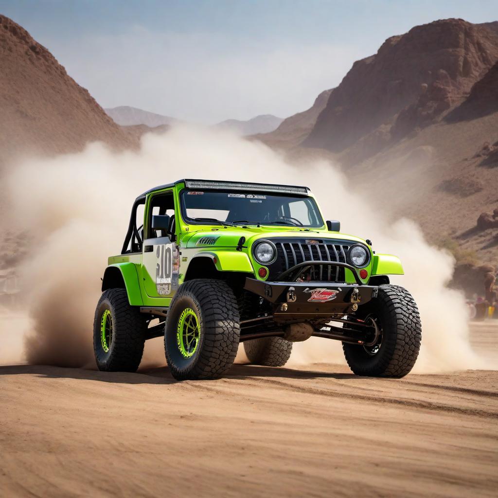  An Ultra 4 car with accurate dimensions and proportions, featuring a flat CJ7 grill. The car has a black body with lime green grill and accents, visually distinctive and vibrant. It's equipped with a prominent Dana 60 front axle tailored for rugged off-road performance. The vehicle is depicted in action, crossing the finish line at the King of the Hammers race with a dynamic, victorious posture, amidst a cloud of dust with a cheering crowd and the checkered flag signaling its first-place victory. hyperrealistic, full body, detailed clothing, highly detailed, cinematic lighting, stunningly beautiful, intricate, sharp focus, f/1. 8, 85mm, (centered image composition), (professionally color graded), ((bright soft diffused light)), volumetric fog, trending on instagram, trending on tumblr, HDR 4K, 8K