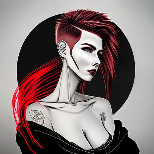  Portrait of a beautiful woman with a crimson side swept undercut shaved hairstyle, sitting on a black high back gothic chair in a gothic castle