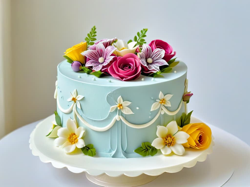  A closeup, highresolution image of a beautifully decorated threetiered cake, showcasing intricate piping work with delicate flowers and foliage in pastel hues. The cake sits on a pristine white cake stand, set against a soft, blurred background that elegantly highlights the craftsmanship of the dessert. The image exudes sophistication and artistry, serving as a visually captivating representation of the art of pastry making and the meticulous detail found in professional pastry books. hyperrealistic, full body, detailed clothing, highly detailed, cinematic lighting, stunningly beautiful, intricate, sharp focus, f/1. 8, 85mm, (centered image composition), (professionally color graded), ((bright soft diffused light)), volumetric fog, trending on instagram, trending on tumblr, HDR 4K, 8K