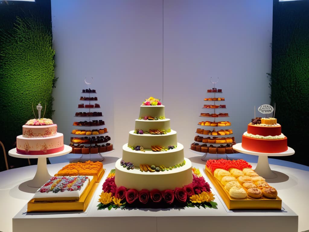  A highresolution, ultradetailed image of a beautifully arranged dessert table at a festival, showcasing an array of colorful and intricate pastries, cakes, and sweets. The table is elegantly decorated with fresh flowers, delicate tableware, and soft ambient lighting, creating a visually appealing and inviting setting for festival attendees. Each dessert is meticulously crafted and artfully presented, highlighting the skill and creativity of the pastry chefs. The image captures the essence of indulgence and luxury, inviting readers to immerse themselves in the world of delectable treats at the festival. hyperrealistic, full body, detailed clothing, highly detailed, cinematic lighting, stunningly beautiful, intricate, sharp focus, f/1. 8, 85mm, (centered image composition), (professionally color graded), ((bright soft diffused light)), volumetric fog, trending on instagram, trending on tumblr, HDR 4K, 8K