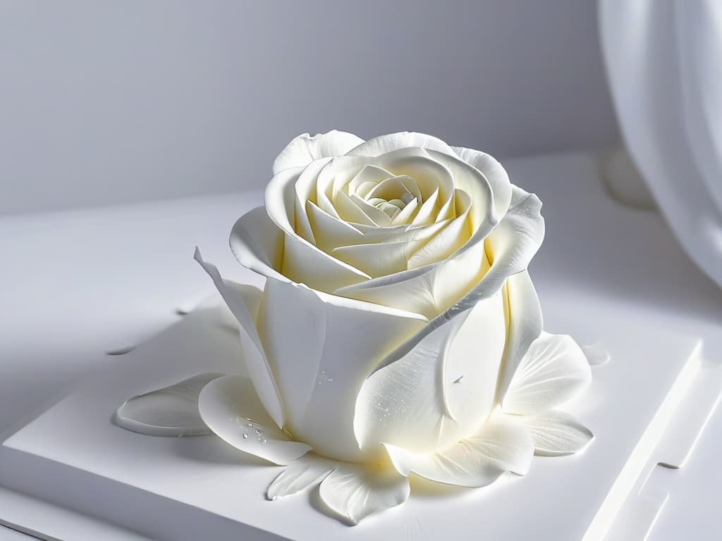  An exquisite, minimalistic image of a pristine white sugar sculpture delicately crafted into a lifelike rose, showcasing intricate details such as delicate petals, ethereal translucency, and light reflecting off its smooth surface. The background is softly blurred to keep the focus on the elegant simplicity and flawless artistry of the sugar creation. hyperrealistic, full body, detailed clothing, highly detailed, cinematic lighting, stunningly beautiful, intricate, sharp focus, f/1. 8, 85mm, (centered image composition), (professionally color graded), ((bright soft diffused light)), volumetric fog, trending on instagram, trending on tumblr, HDR 4K, 8K