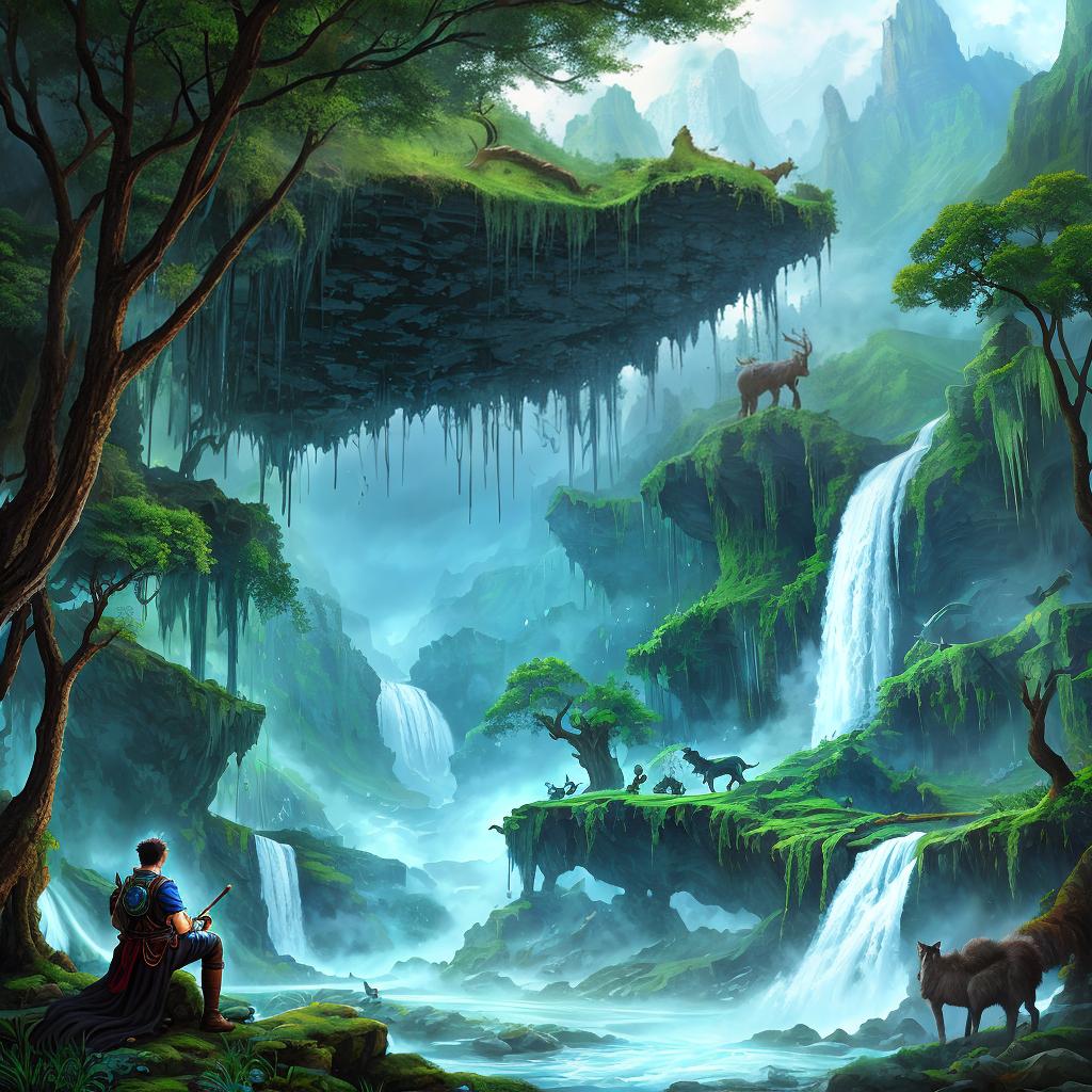  in a fantasy setting, Paint a surreal landscape where mythical beasts roam amidst cascading waterfalls.