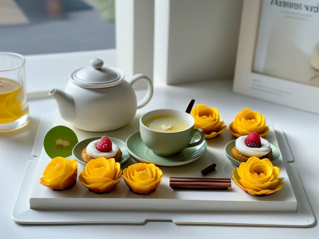  An elegant, minimalistic image featuring a pristine white tea set comprising a teapot, cups, and saucers arranged meticulously on a light wooden table. The scene is softly illuminated by natural light streaming through a nearby window, casting gentle shadows and creating a serene ambiance. The tea set is complemented by a selection of colorful, intricately designed pastries and desserts arranged artistically on a delicate porcelain platter, showcasing the perfect fusion of tea and sweets in a sophisticated and visually appealing manner. hyperrealistic, full body, detailed clothing, highly detailed, cinematic lighting, stunningly beautiful, intricate, sharp focus, f/1. 8, 85mm, (centered image composition), (professionally color graded), ((bright soft diffused light)), volumetric fog, trending on instagram, trending on tumblr, HDR 4K, 8K