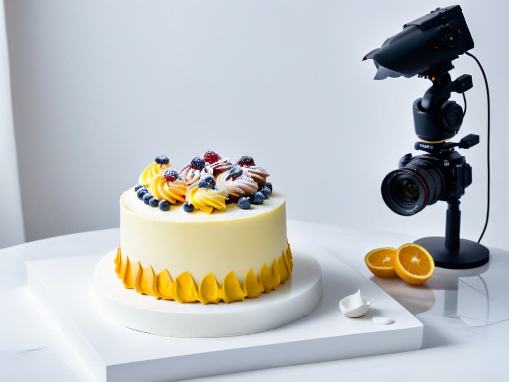  A sleek, modern photography studio setup showcasing an array of essential lighting equipment for pastry photography. The image features a pristine white backdrop with soft, diffused lighting illuminating a variety of deliciously crafted pastries arranged artfully on a marble countertop. In the foreground, a professional camera with a macro lens is visible, capturing the intricate details of a beautifully decorated cake. The overall aesthetic is clean, minimalist, and highly aspirational, evoking a sense of precision and sophistication in pastry photography. hyperrealistic, full body, detailed clothing, highly detailed, cinematic lighting, stunningly beautiful, intricate, sharp focus, f/1. 8, 85mm, (centered image composition), (professionally color graded), ((bright soft diffused light)), volumetric fog, trending on instagram, trending on tumblr, HDR 4K, 8K