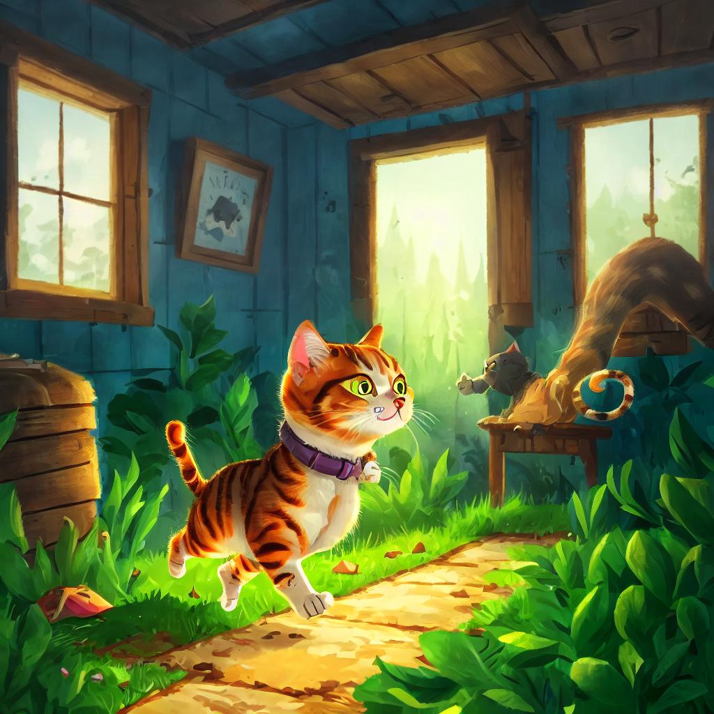  (best quality:1.5), (realistic:1.0), cat, running, long boots , mysterious cabin, dim light