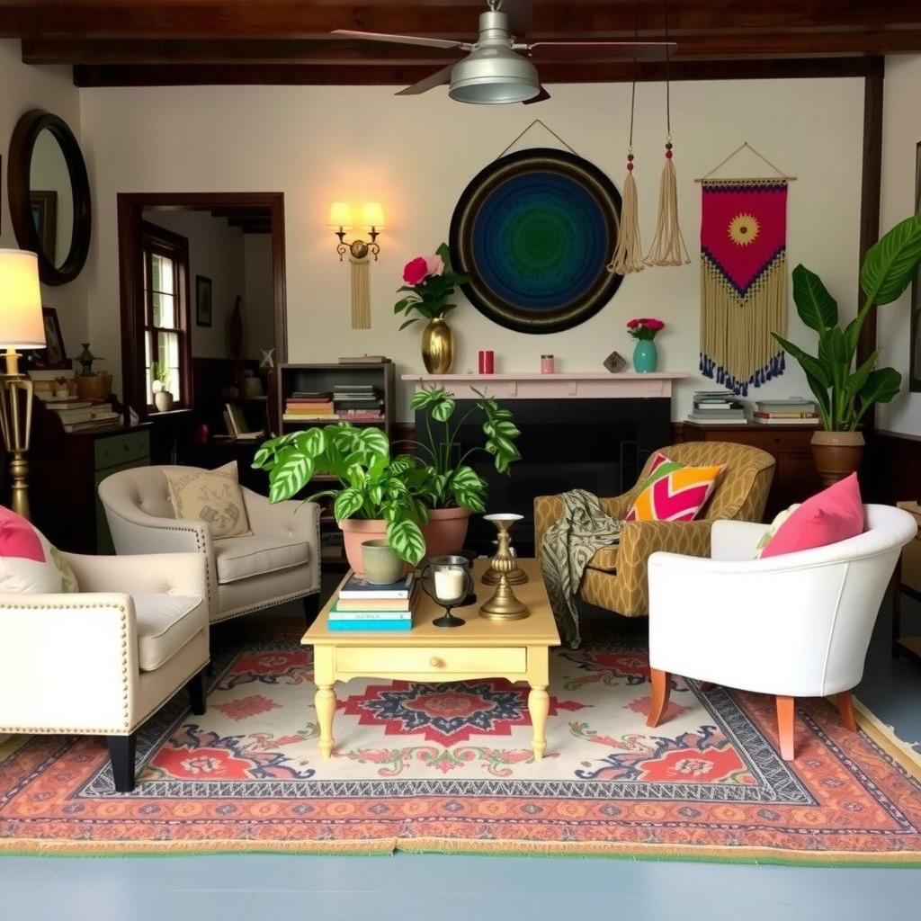  eclectic boho living room featuring thrifted vintage decor such as an antique coffee table, mismatched chairs, colorful throw pillows, and layered rugs. incorporate plants, macrame wall hangings, and warm lighting to create a cozy and inviting atmosphere that embodies bohemian style.,