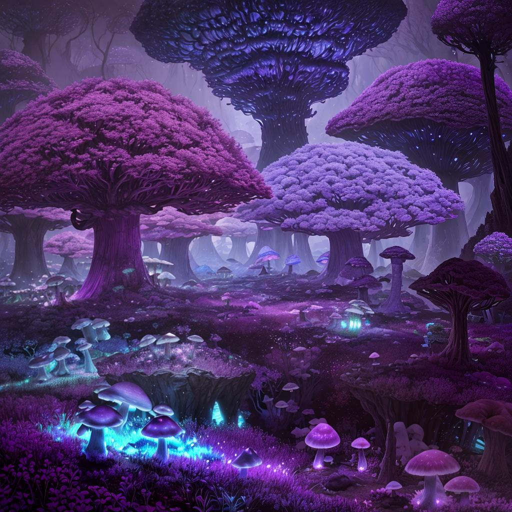  masterpiece, best quality,concept art painting of a fantasy alien fungal landscape at night, magenta trees, glowing blue mushrooms, village of houses made of mushrooms, dark purple sky, realistic, detailed, cel shaded, in the style of makoto shinkai and greg rutkowski and albert bierstadt and james gurney,