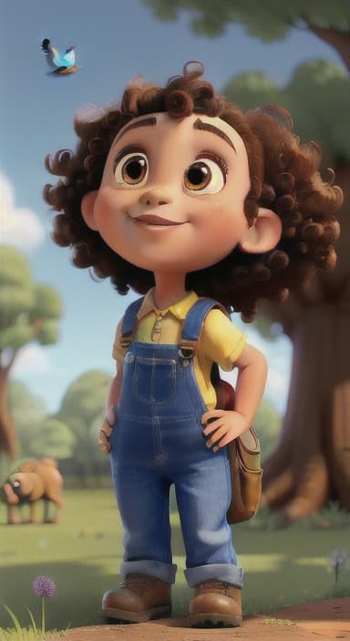  {Riley looking up at the tree with a big smile, animals surrounding them., Riley, a curious with big brown eyes and curly hair, wearing overalls and carrying a small backpack. Their friend, Skye, a bluebird with shiny feathers.