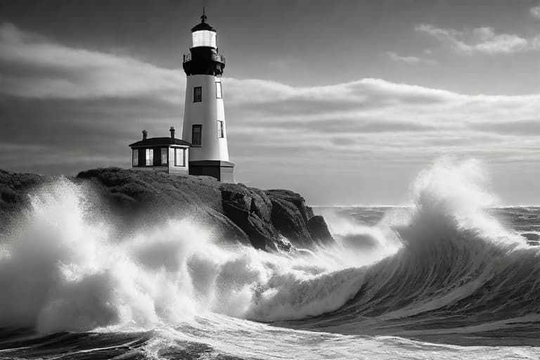  Design a nostalgic black and white drawing of a classic coastal lighthouse standing tall against the crashing waves. Convey the lighthouse's role as a beacon of safety and hope. hyperrealistic, full body, detailed clothing, highly detailed, cinematic lighting, stunningly beautiful, intricate, sharp focus, f/1. 8, 85mm, (centered image composition), (professionally color graded), ((bright soft diffused light)), volumetric fog, trending on instagram, trending on tumblr, HDR 4K, 8K