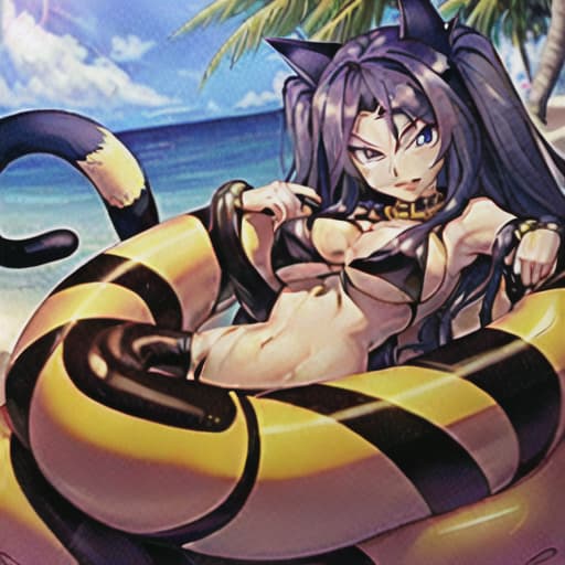  cat-woman in tight bikinis being coiled by a snake