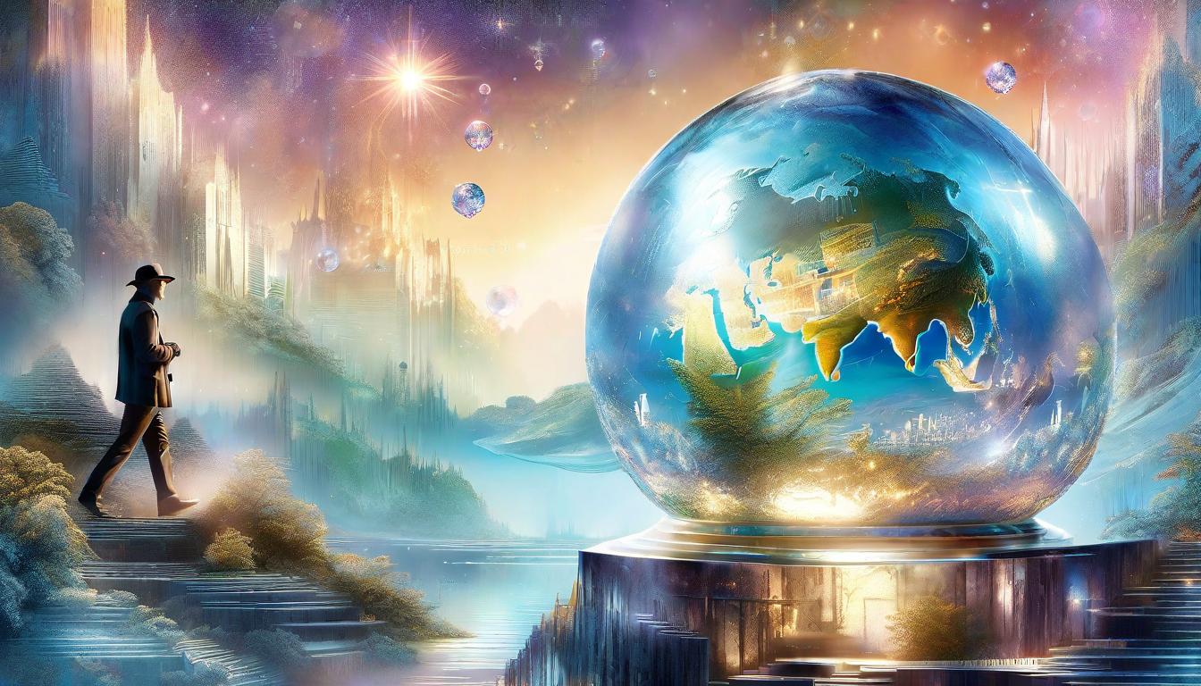  digital illustration Visionary figure gazing at crystal globe, reflecting societal and environmental crisis scenarios; surreal urban and natural landscapes merging; twilight ambiance; visionary art style with digital abstract elements looking at viewer, dynamic pose, (intricate details, masterpiece, best quality)