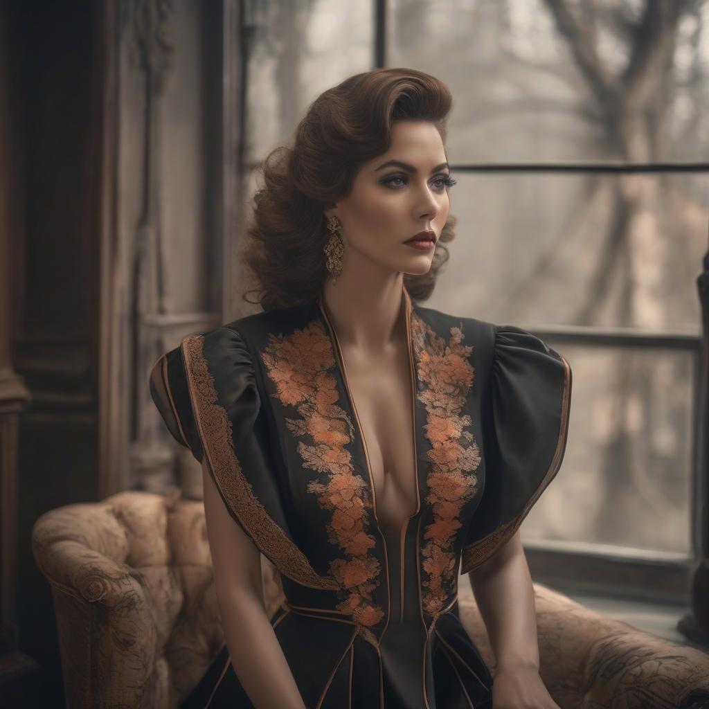  Vintage sad beauty in black apricot dress from the 1980s hyperrealistic, full body, detailed clothing, highly detailed, cinematic lighting, stunningly beautiful, intricate, sharp focus, f/1. 8, 85mm, (centered image composition), (professionally color graded), ((bright soft diffused light)), volumetric fog, trending on instagram, trending on tumblr, HDR 4K, 8K