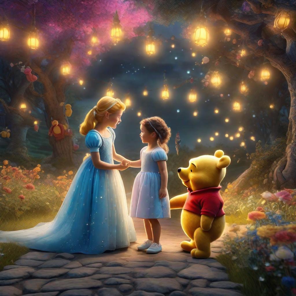  masterpiece, best quality, Best quality, masterpiece, 8k resolution, realistic, highly detailed spiritual style Winnie the Pooh and Cinderella the princess. In a celestial-style scene with vibrant colors and lights.