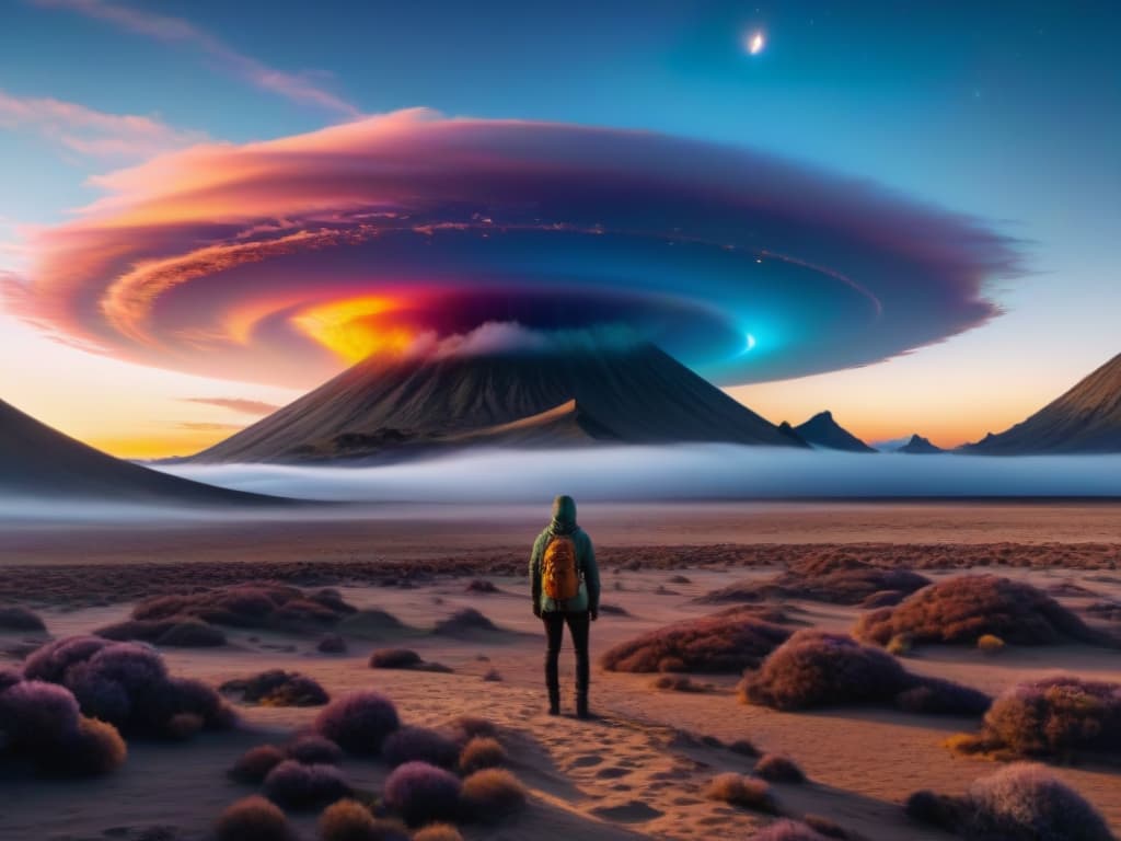  A vast, alien landscape stretching as far as the eye can see, with towering crystalline structures jutting out of the ground, reflecting the light of a distant otherworldly sun. The sky above is a mesmerizing blend of colors unseen on Earth, swirling with iridescent clouds and strange, unidentifiable celestial bodies. In the foreground, a group of humanoid figures with elongated limbs and luminous eyes engage in a complex dance, their movements fluid and mesmerizing, hinting at a sophisticated nonhuman language. hyperrealistic, full body, detailed clothing, highly detailed, cinematic lighting, stunningly beautiful, intricate, sharp focus, f/1. 8, 85mm, (centered image composition), (professionally color graded), ((bright soft diffused light)), volumetric fog, trending on instagram, trending on tumblr, HDR 4K, 8K