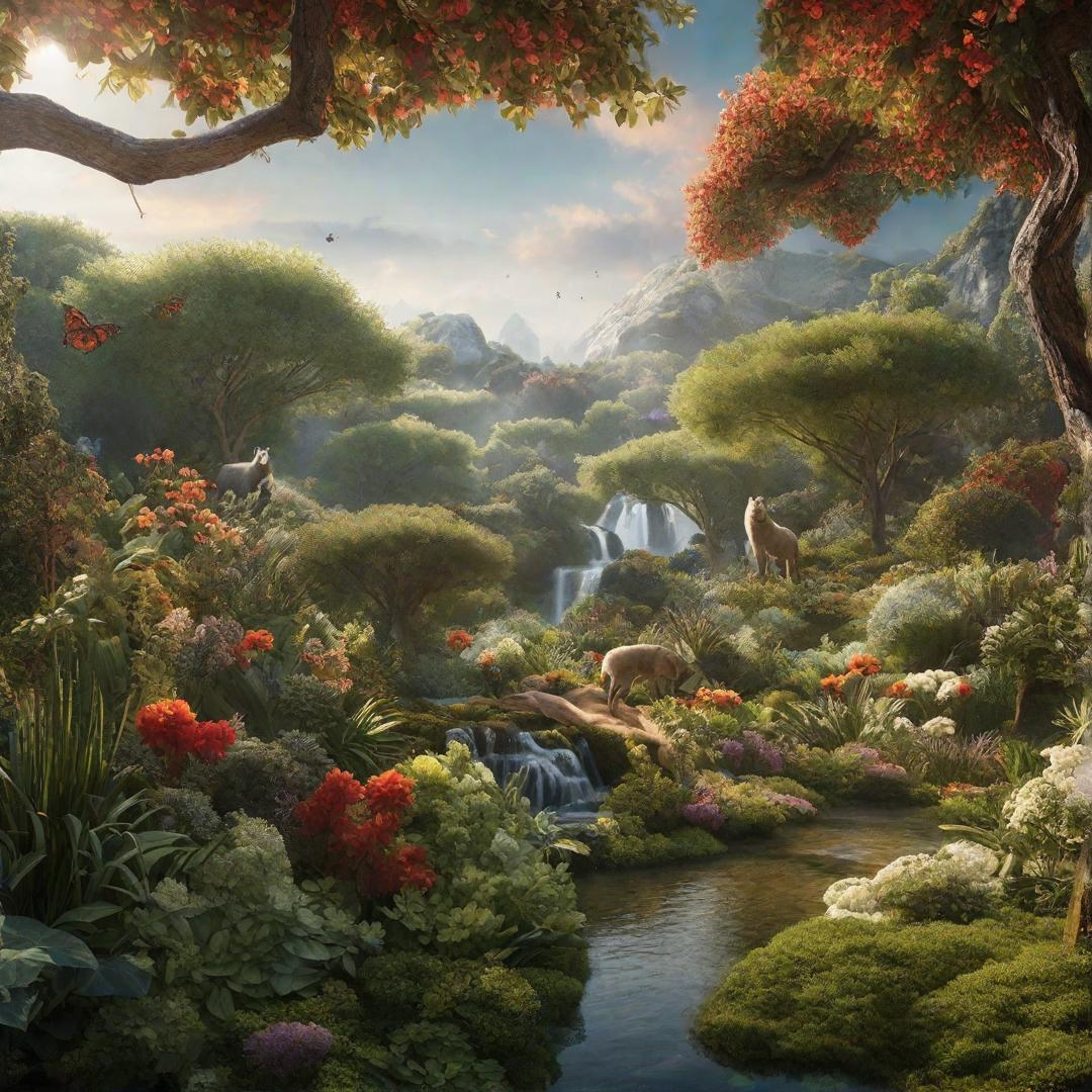  View from outer space,The garden of eden with animals and creation. hyperrealistic, full body, detailed clothing, highly detailed, cinematic lighting, stunningly beautiful, intricate, sharp focus, f/1. 8, 85mm, (centered image composition), (professionally color graded), ((bright soft diffused light)), volumetric fog, trending on instagram, trending on tumblr, HDR 4K, 8K