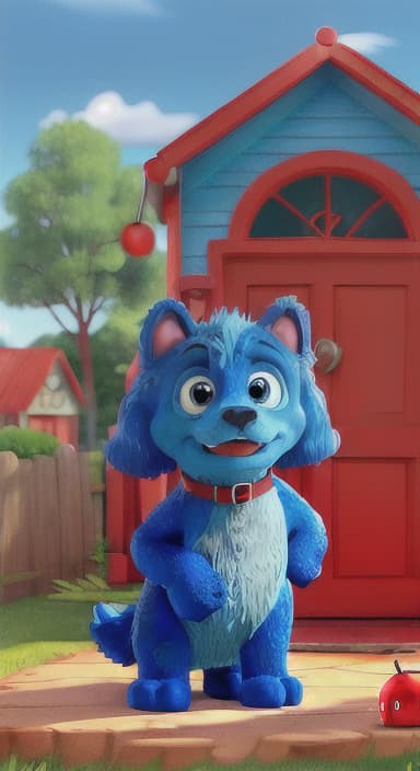  {Max the big blue dog standing in front of a cozy little house with a red door, The big blue dog is large with sky blue fur, big round eyes, a black nose, and floppy ears.