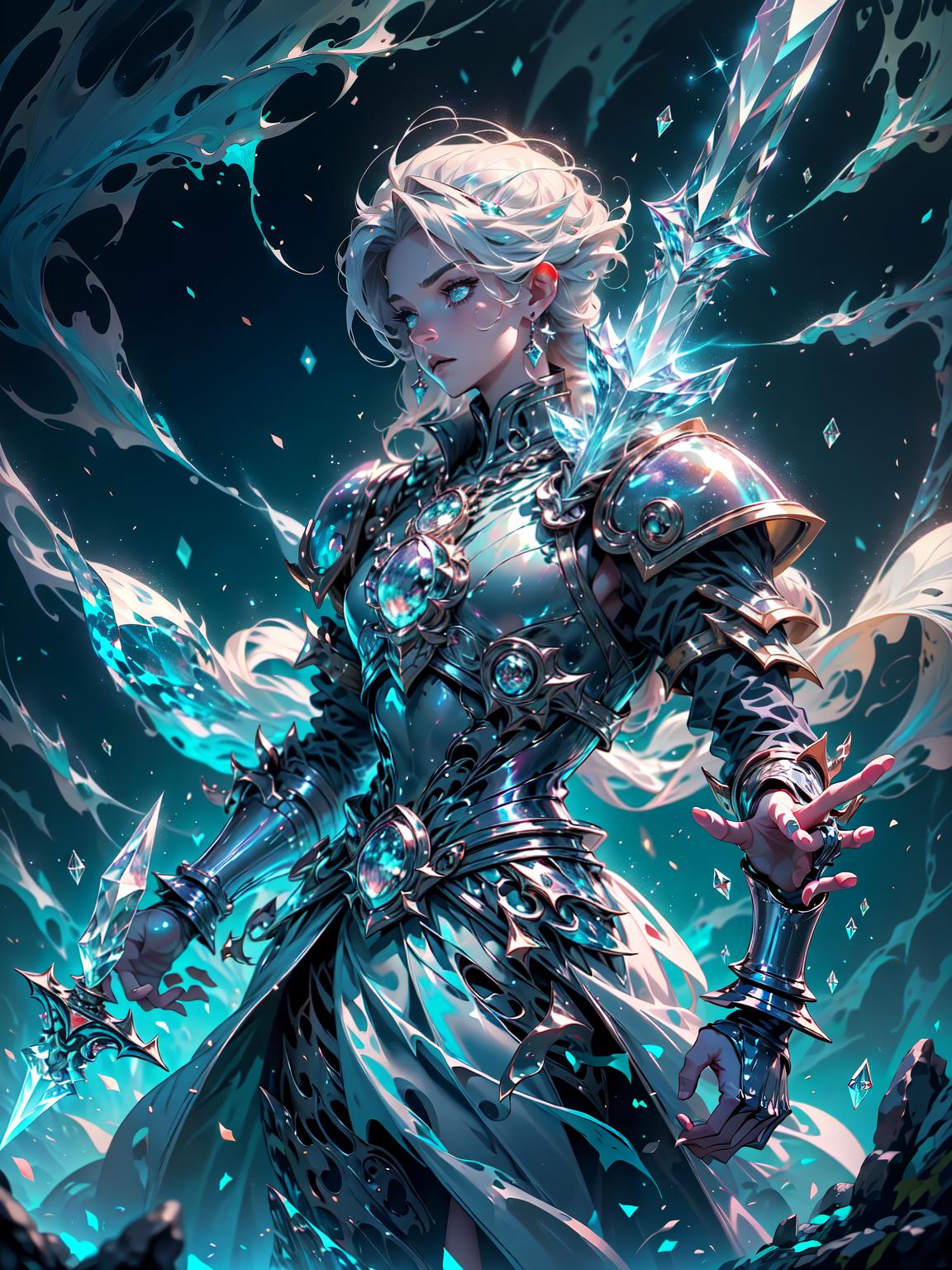  master piece, best quality, ultra detailed, highres, 4k.8k, Mysterious knight, Using illusion magic to create illusions, Focused and determined, BREAK A knight who uses illusion magic, Enchanted forest, Enchanted sword, glowing crystals, mysterious mist, BREAK Mystical and captivating, Shimmering aura, magical sparks, ethereal illusions, crystallineAI,fantasy00d