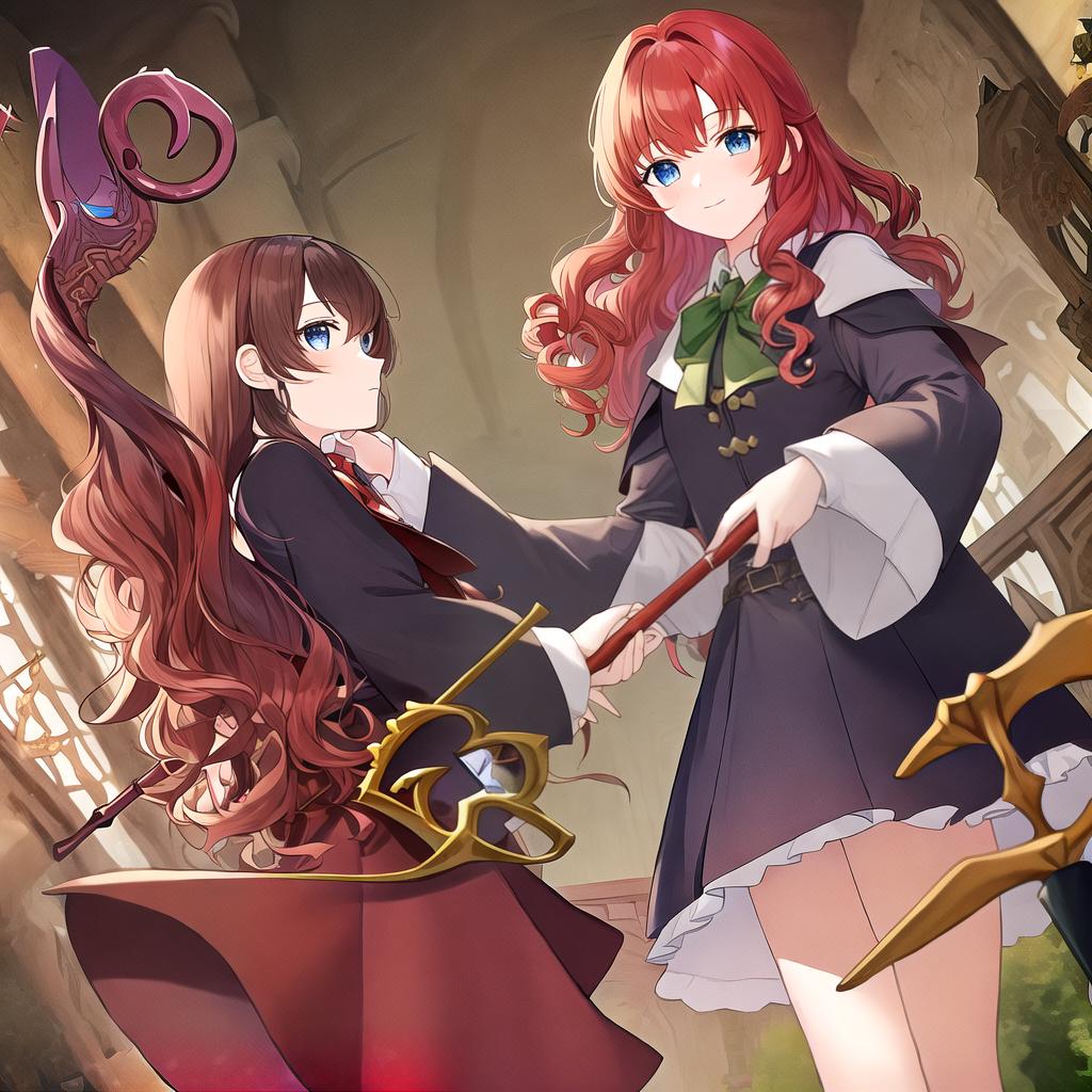  masterpiece, best quality, brownish red hair blue eyes, wand in hand, Hogwarts Slytherin uniform,(masterpiece:1.0), female, loli, curly hair, slanted bangs, long hair