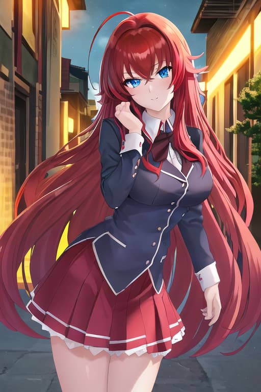  masterpiece, best quality, 1women, long red hair, looking at viewer, :3, cute, black school uniform, outdoors, streets, cowboy shot, curvy, (((blue eyes))), rias gremory, red hair, antenna hair, wavy hair, ((beautiful detailed eyes, beautiful detailed glow, lots of glow)), anime screencap,women, masterpiece, best quality, high quality, solo