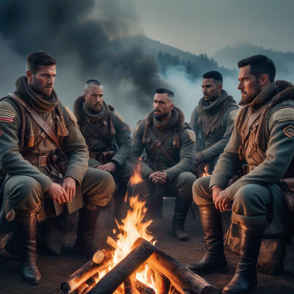  A group of tall soldiers sit by the fire. hyperrealistic, full body, detailed clothing, highly detailed, cinematic lighting, stunningly beautiful, intricate, sharp focus, f/1. 8, 85mm, (centered image composition), (professionally color graded), ((bright soft diffused light)), volumetric fog, trending on instagram, trending on tumblr, HDR 4K, 8K