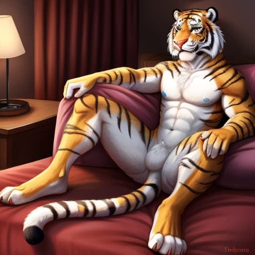  tiger male sex tail hand paw, open eyes, digital art, masterpiece, 4k, fine details,