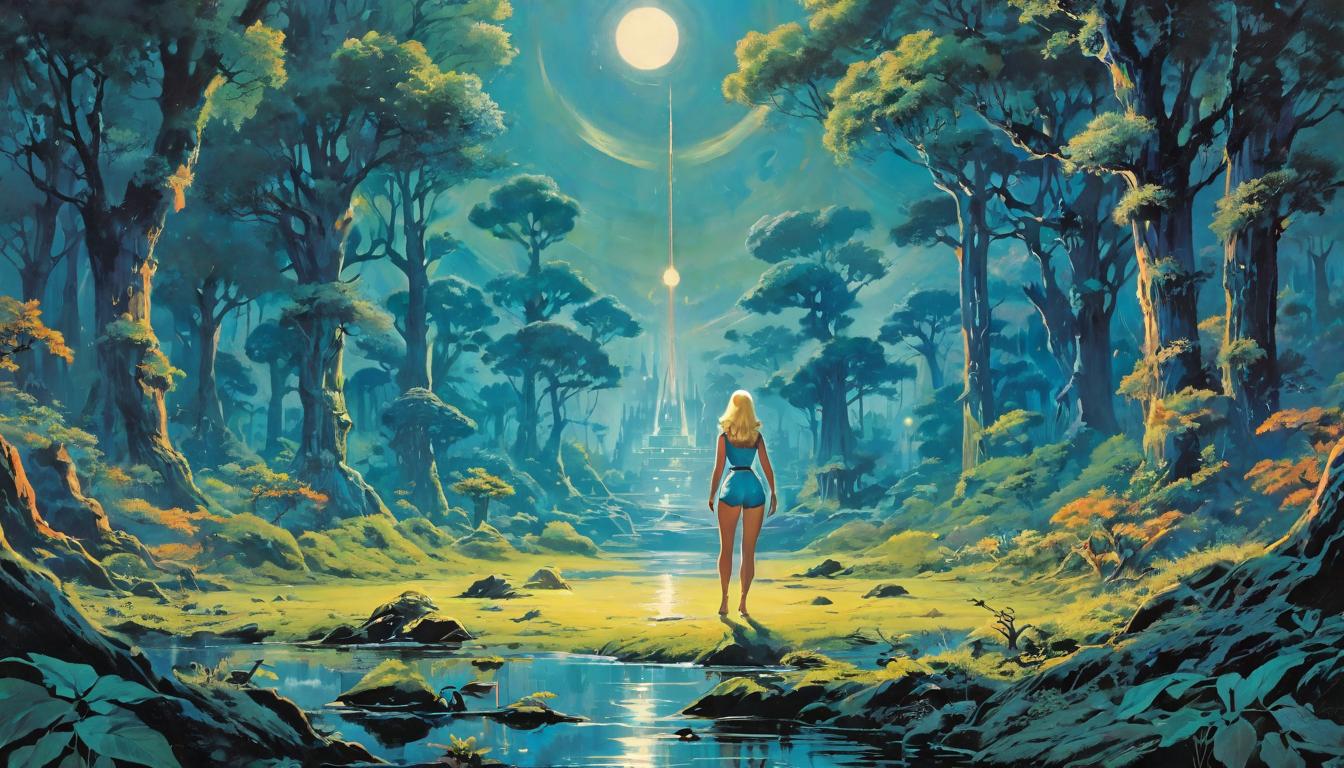  retro futuristic Arian female, large busted, blonde, affirming her spiritual path, surrounded by floating mantras, in a moonlit grove lvintage sci fi, 50s and 60s style, atomic age, vibrant, highly detailed