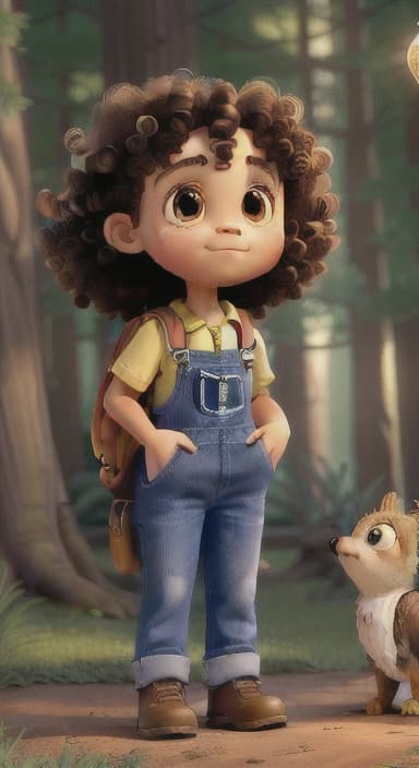  {The tree shining brightly and releasing a gentle, magical light., Riley, a curious with big brown eyes and curly hair, wearing overalls and carrying a small backpack. Their friend, Skye, a bluebird with shiny feathers.