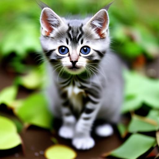  Cute domestic kitten sitting on a leaf