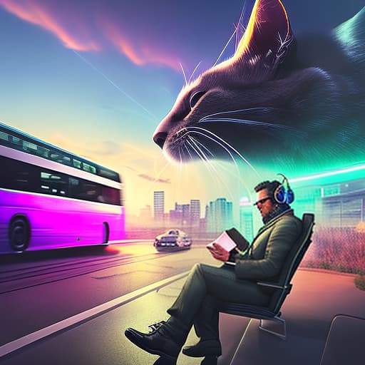 nvinkpunk Realistic image of a cat wearing headphones and reading glasses while riding a bus. hyperrealistic, full body, detailed clothing, highly detailed, cinematic lighting, stunningly beautiful, intricate, sharp focus, f/1. 8, 85mm, (centered image composition), (professionally color graded), ((bright soft diffused light)), volumetric fog, trending on instagram, trending on tumblr, HDR 4K, 8K