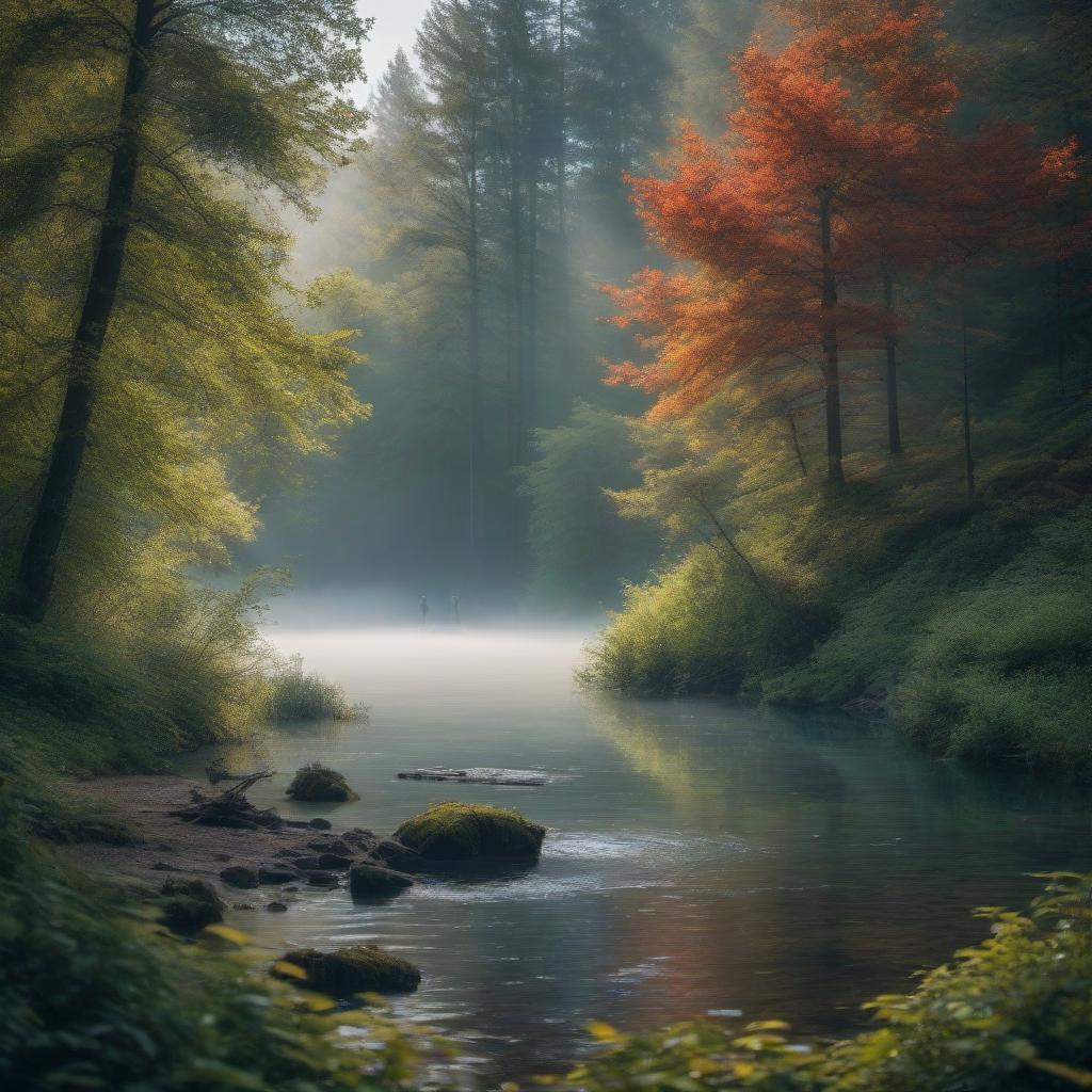  A small lake amidst the trees. hyperrealistic, full body, detailed clothing, highly detailed, cinematic lighting, stunningly beautiful, intricate, sharp focus, f/1. 8, 85mm, (centered image composition), (professionally color graded), ((bright soft diffused light)), volumetric fog, trending on instagram, trending on tumblr, HDR 4K, 8K