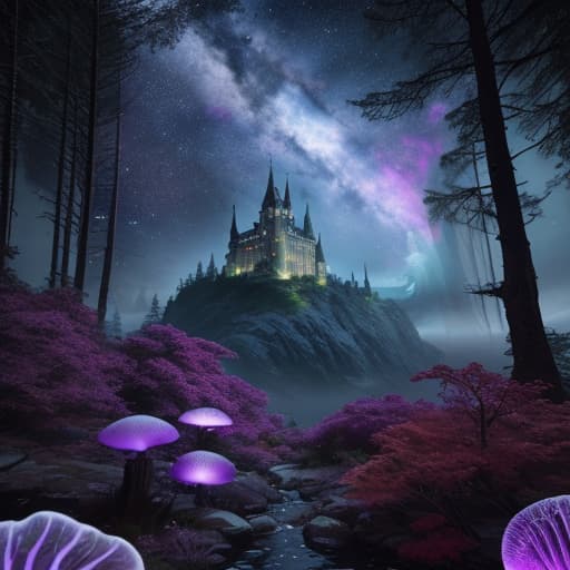  a magical forest with flying squids ad jellyfish and fish and a castle in the distanfe, nebula night time skya magical forest with flying squids ad jellyfish and fish and a castle in the distanfe, nebula night time sky hyperrealistic, full body, detailed clothing, highly detailed, cinematic lighting, stunningly beautiful, intricate, sharp focus, f/1. 8, 85mm, (centered image composition), (professionally color graded), ((bright soft diffused light)), volumetric fog, trending on instagram, trending on tumblr, HDR 4K, 8K