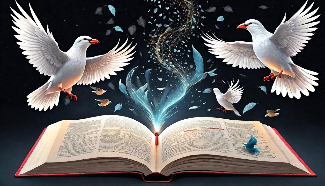  digital illustration An open book emitting a soft glow, words transforming into birds taking flight, courage in service, life as a testament, inspiration, empowerment through knowledge looking at viewer, dynamic pose, (intricate details, masterpiece, best quality)