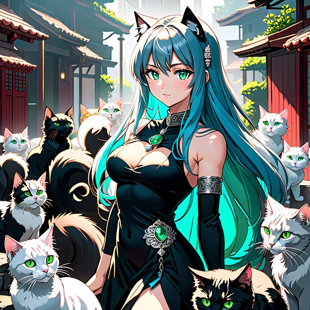  manga style A girl with long hair. Half of her hair is blue, the other half is green, with green eyes, a Greek nose, dressed in a black dress, and wearing silver jewelry. Behind her, a pile of cats. . vibrant, high energy, detailed, iconic, Japanese comic style hyperrealistic, full body, detailed clothing, highly detailed, cinematic lighting, stunningly beautiful, intricate, sharp focus, f/1. 8, 85mm, (centered image composition), (professionally color graded), ((bright soft diffused light)), volumetric fog, trending on instagram, trending on tumblr, HDR 4K, 8K