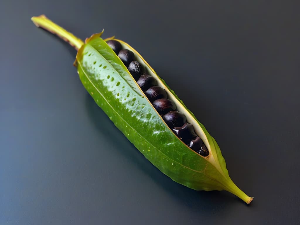  A closeup, ultradetailed image of a luscious Madagascar vanilla bean pod split open lengthwise, showcasing its moist, fragrant interior full of tiny black seeds. The lighting is soft, highlighting the glossy texture of the pod and the intricate pattern of the seeds. The background is softly blurred, emphasizing the natural beauty and richness of the vanilla bean. hyperrealistic, full body, detailed clothing, highly detailed, cinematic lighting, stunningly beautiful, intricate, sharp focus, f/1. 8, 85mm, (centered image composition), (professionally color graded), ((bright soft diffused light)), volumetric fog, trending on instagram, trending on tumblr, HDR 4K, 8K