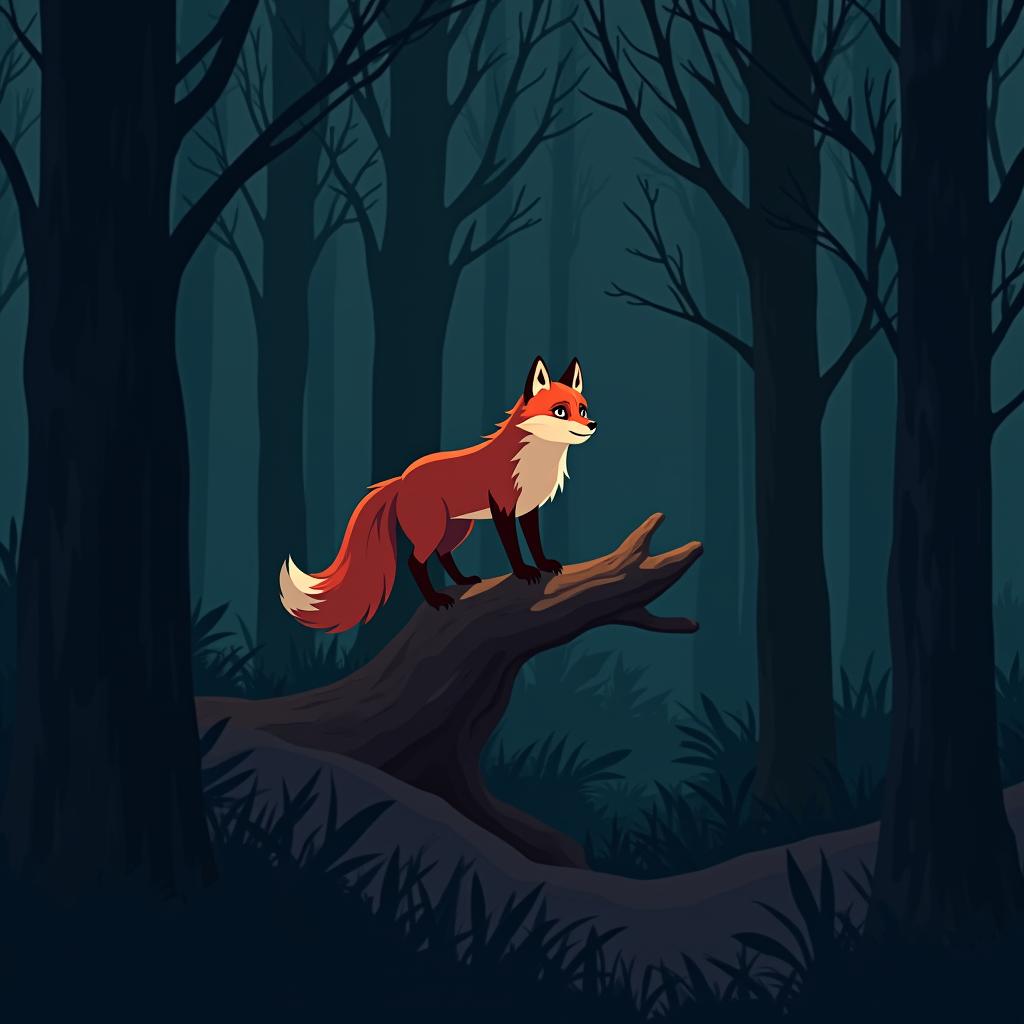  good quality, high quality, nighttime forest scene with a red fox perched on a tree trunk