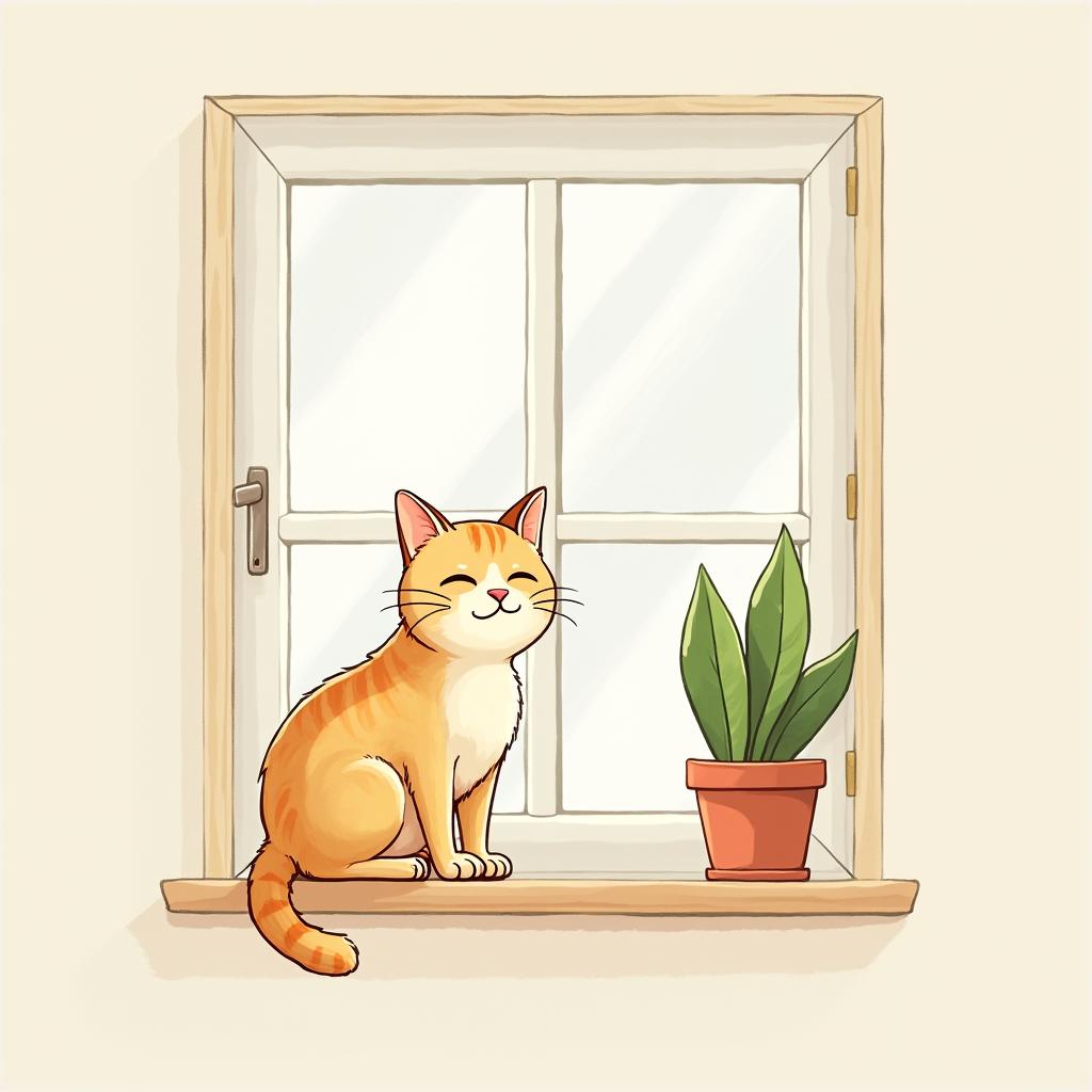  draw a cute cat sitting on a windowsill with a potted plant next to it