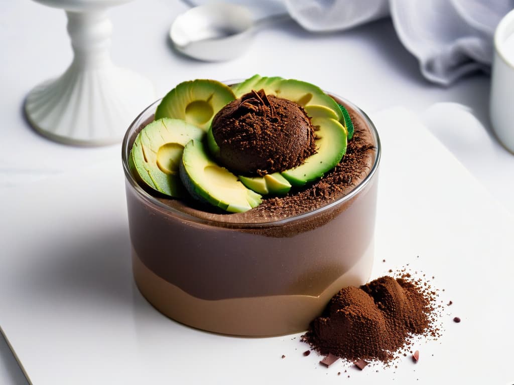  An ultradetailed image of a decadent chocolate avocado mousse presented in a sleek, modern glass dessert cup. The smooth, glossy texture of the mousse reflects a soft ambient light, emphasizing its rich, dark color. Delicate shavings of dark chocolate dust the top, adding an elegant touch to the dessert. The background is a subtle gradient that transitions from a deep chocolate brown to a muted taupe, enhancing the minimalist aesthetic of the image. hyperrealistic, full body, detailed clothing, highly detailed, cinematic lighting, stunningly beautiful, intricate, sharp focus, f/1. 8, 85mm, (centered image composition), (professionally color graded), ((bright soft diffused light)), volumetric fog, trending on instagram, trending on tumblr, HDR 4K, 8K