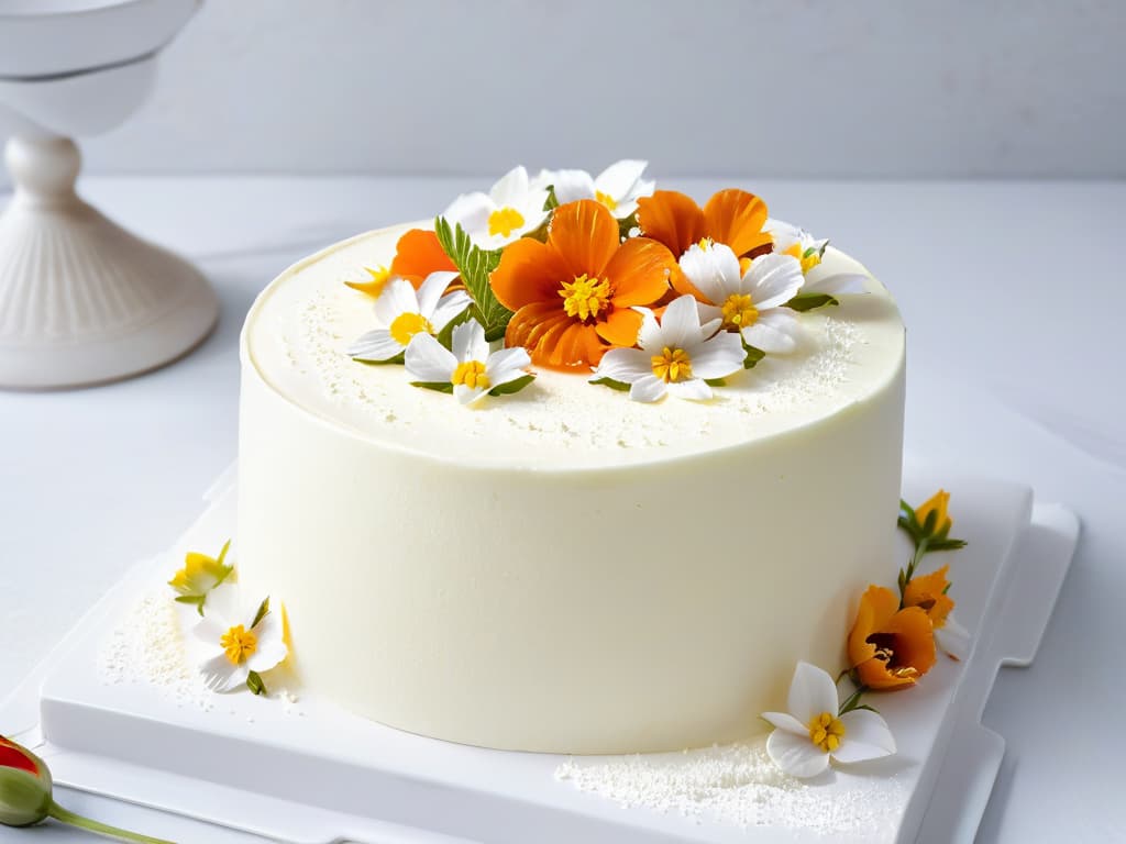  A serene and elegant image of a beautifully styled vegan cream cheese frosting on a freshly baked carrot cake, garnished with delicate edible flowers and a dusting of powdered sugar. The frosting is smooth, glossy, and perfectly piped, creating a visually stunning presentation that exudes sophistication and culinary artistry. The soft pastel colors of the cake and flowers contrast beautifully with the white frosting, making the image a feast for the eyes and a testament to the delicious versatility of vegan cream cheese in baking. hyperrealistic, full body, detailed clothing, highly detailed, cinematic lighting, stunningly beautiful, intricate, sharp focus, f/1. 8, 85mm, (centered image composition), (professionally color graded), ((bright soft diffused light)), volumetric fog, trending on instagram, trending on tumblr, HDR 4K, 8K