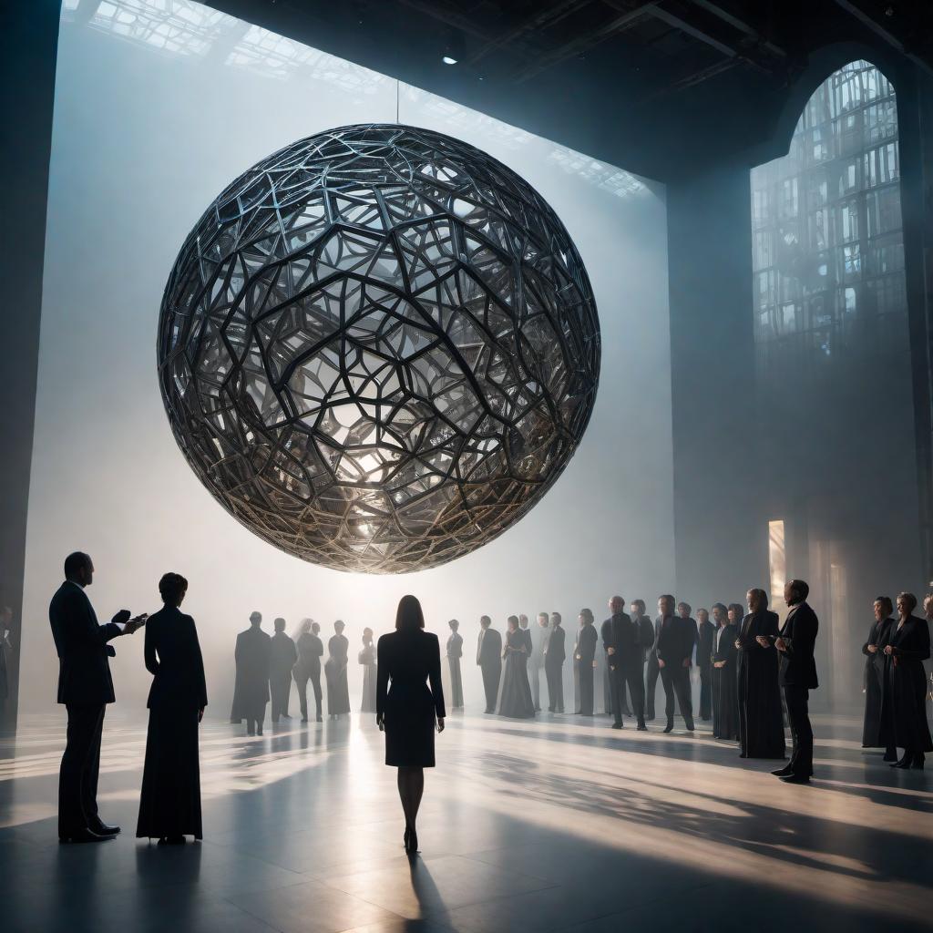  A large, spherical structure with an intricate geometric design, similar to a complex metallic orb with interconnected lines and nodes. It is illuminated from within by a focal light source. The text 'AI VILLAINS' is placed at the bottom of the image. A silhouette of a person stands in front of the sphere, facing it, creating a theme of confrontation or dominance. The overall lighting creates a dramatic and potentially ominous atmosphere, with strong contrasts and shadows. The background is dark, enhancing the focal points of light and structure. The overall mood reflects themes of artificial intelligence and its potential antagonistic roles. hyperrealistic, full body, detailed clothing, highly detailed, cinematic lighting, stunningly beautiful, intricate, sharp focus, f/1. 8, 85mm, (centered image composition), (professionally color graded), ((bright soft diffused light)), volumetric fog, trending on instagram, trending on tumblr, HDR 4K, 8K