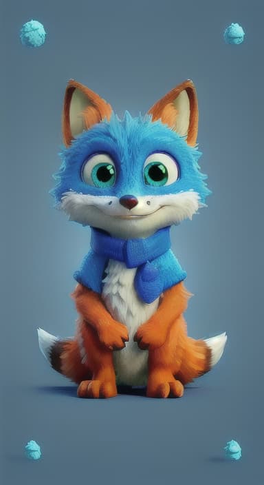  {Error the fox pressing the blue button with his paw, looking puzzled as nothing occurs., Error is a small, bright orange fox with a fluffy tail and big, inquisitive eyes. He has a mischievous yet kind expression and wears a tiny green scarf.