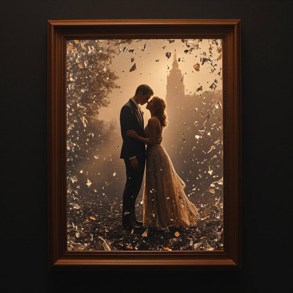  good quality, high quality, a couple standing together in a twilight scene, as a once perfect framed picture shatters, letting glowing fragments float around them, revealing their true love in the mist.