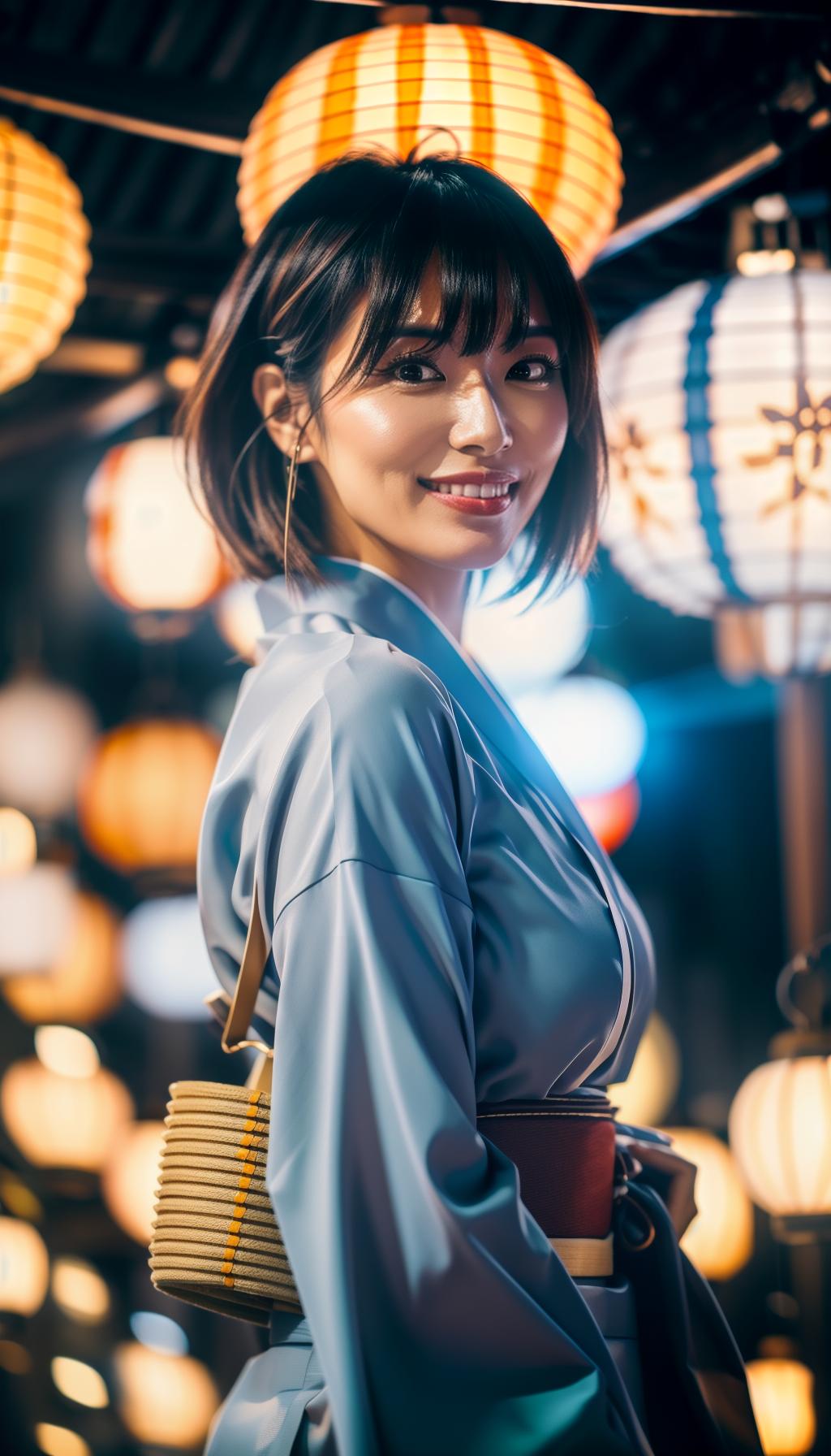  A photorealistic image of a beautiful slim young Japanese woman, with medium length milk tea beige hair with bangs. She is smiling and making a peace sign in front of the lanterns at a summer festival, wearing a light blue kimono. hyperrealistic, full body, detailed clothing, highly detailed, cinematic lighting, stunningly beautiful, intricate, sharp focus, f/1. 8, 85mm, (centered image composition), (professionally color graded), ((bright soft diffused light)), volumetric fog, trending on instagram, trending on tumblr, HDR 4K, 8K